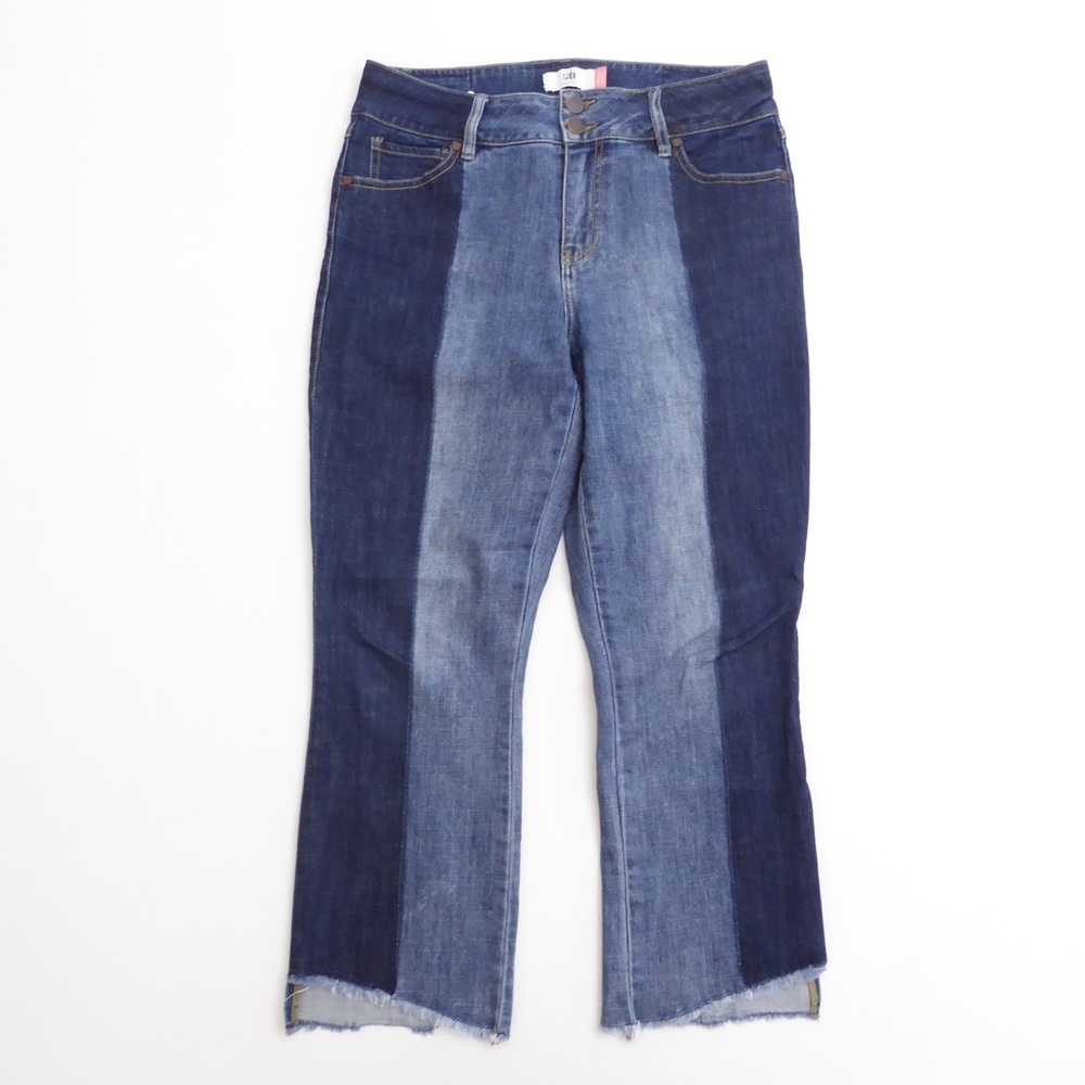 Cabi Women Jeans Blue Two Tone Hi-Low Crop Raw Hem 10